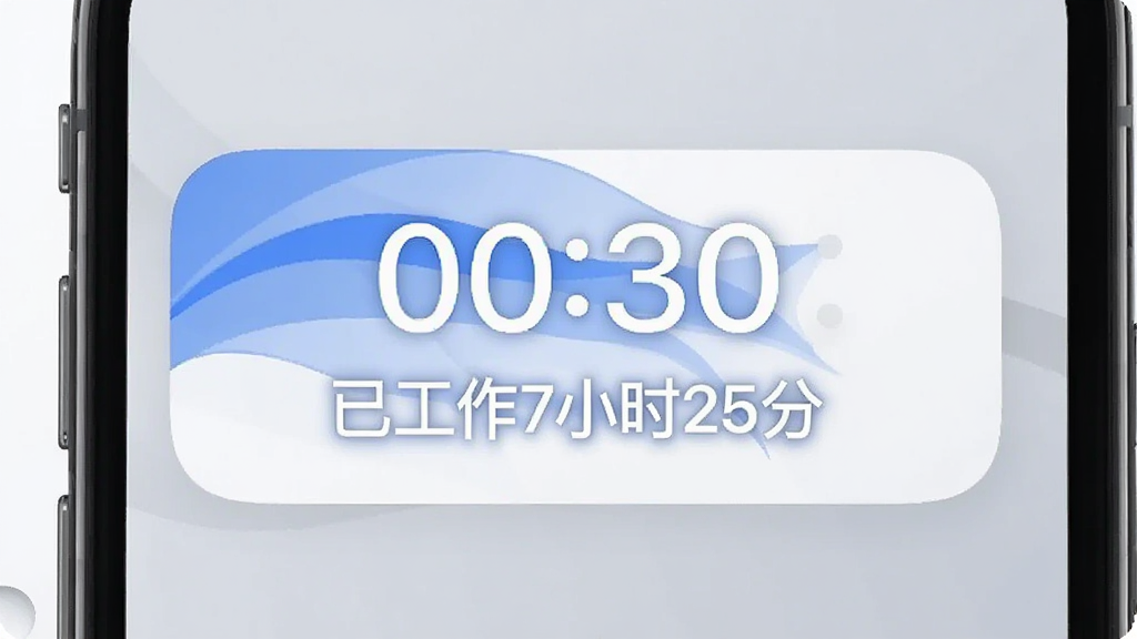 极简记工时应用在手机桌面上添加小组件的演示截图,小组件显示当前时间与“已工作7小时25分”的文本,手机背景为简洁的浅灰色壁纸,小组件采用圆角矩形设计,蓝白配色,画质清晰,无多余元素