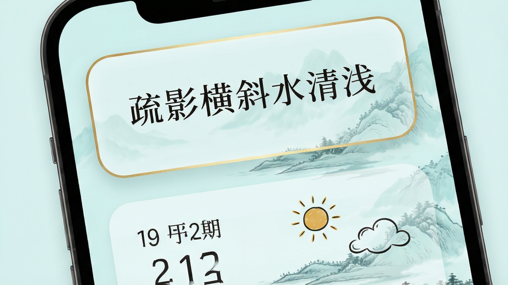 主体:“半窗疏影”软件的诗意小组件在手机桌面上的效果图。布局:手机屏幕分为上下两部分,上方是带有“疏影横斜水清浅”诗句的透明小组件,下方是日期与天气组件,背景为淡青色山水画。排版:组件采用圆角矩形设计,字体为衬线体,排版留白充足。风格:新中式,雅致,通透。细节:组件边缘有若隐若现的金色描边,天气图标为手绘风格的太阳与云朵。画质:4K,干净,无多余元素。