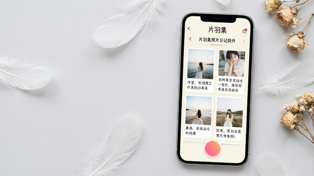 主体:一部智能手机屏幕显示“片羽集照片日记软件”主界面,界面以清新淡雅的米白色为基调,顶部有“片羽集”品牌字样和日期导航栏,中间是瀑布流式照片卡片,每张卡片配有一小段手写风格文字摘要,下方有粉色与橙色渐变的圆形发布按钮。布局:手机居中偏右,左侧留白,背景为柔和的浅灰色桌面上散落几片白色羽毛和干花。排版:界面卡片错落有致,留白充足,整体风格干净简约。风格:现代扁平化设计结合一点手绘温度,色彩柔和,光线自然,画质细腻,干净无多余元素。