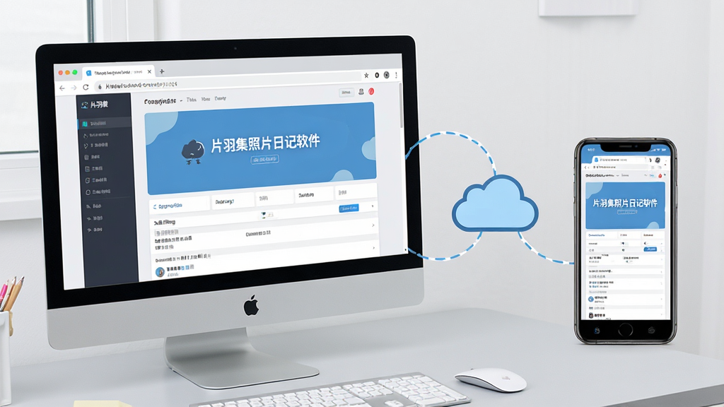 主体:一张电脑桌面上显示“片羽集照片日记软件”网页版界面,旁边放着一部手机显示相同内容,形成跨设备同步场景。布局:电脑屏幕占据画面左侧,手机在右侧,中间有云朵图标连接两者。排版:界面整洁,信息清晰,背景为浅灰色工作台。风格:商务简约风,光线明亮,画质干净,无多余元素。