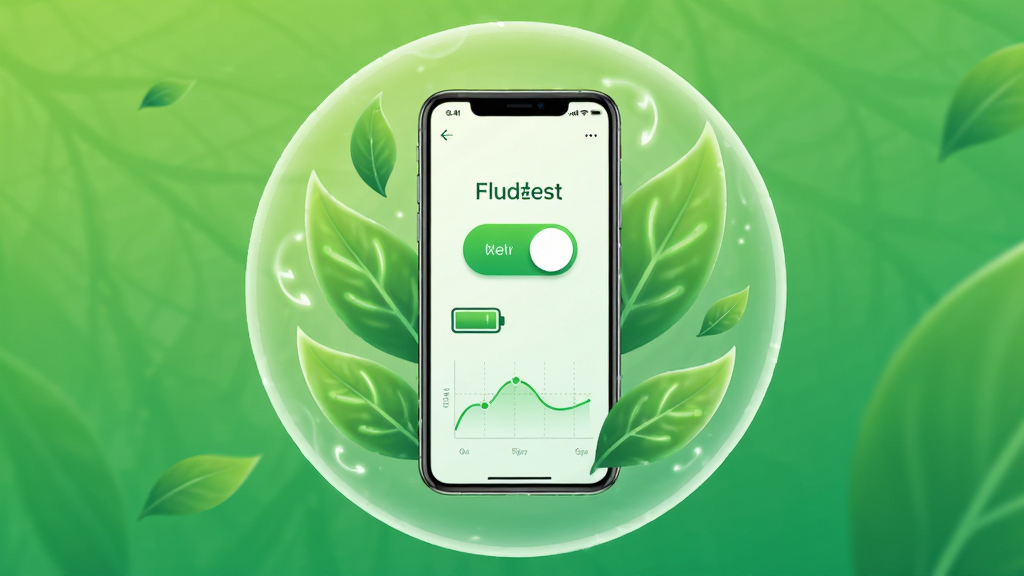 一幅展示Flud种子客户端低功耗特性的概念图,主体为一部手机被绿色能量叶片环绕,屏幕中显示省电模式开关。布局采用圆形构图,手机位于中心,背景为渐变绿色。风格为环保清新风,强调节能与高效。细节包括电池图标、能耗曲线,画面简洁干净,无多余元素。