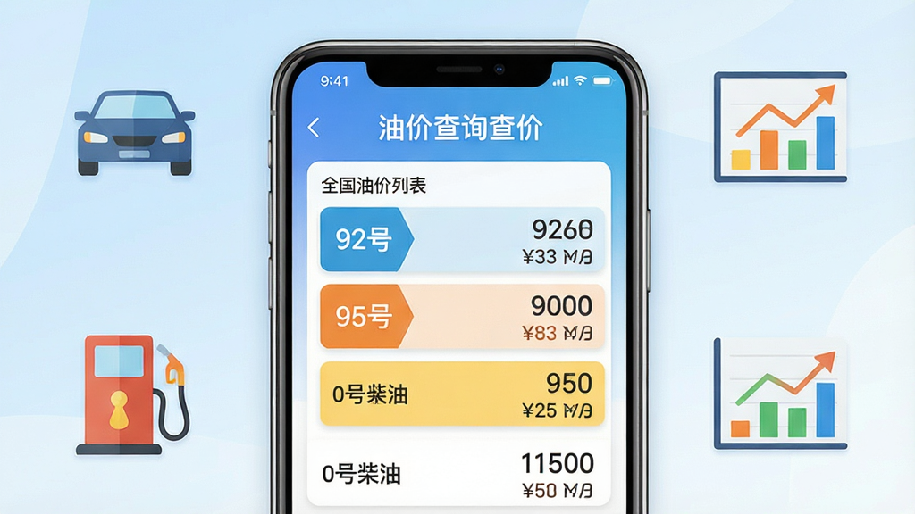 画面中央展示一款名为“油价查询查价”的智能手机应用界面特写,手机屏幕清晰显示全国油价列表,包含92号、95号汽油及0号柴油价格,背景为简洁的蓝白渐变色调,周围点缀汽车、加油站、油价走势图等扁平化图标,整体布局干净清爽,风格现代简约,细节丰富,画质高清,干净无多余元素