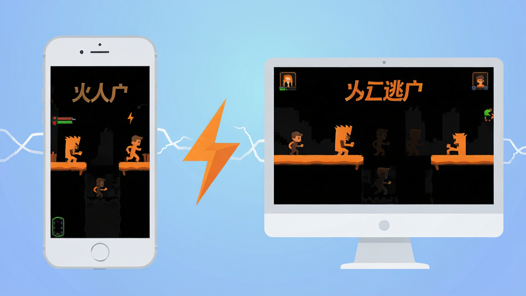 一张描绘玩家在不同设备上游玩“火柴人大逃亡”的场景图,左边是一部智能手机,右边是一台电脑显示器,屏幕中都显示着游戏画面。布局为左右对称,中间用闪电符号连接,象征着跨平台同步。风格为现代扁平化插画,背景为柔和的渐变蓝色,设备用浅灰色和白色,屏幕中的游戏画面用黑色和橙色,画质清晰干净,无多余元素。