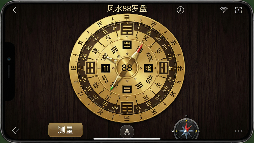 一张高清手机截图,展示风水88罗盘主界面,界面中央是金色圆形的罗盘刻度盘,盘面清晰标注着二十四山、八卦方位和天干地支,背景为深色木纹质感,界面底部有测量按钮和指南针指示,整体风格庄重专业,画质清晰,细节丰富,干净无多余元素,文字标注