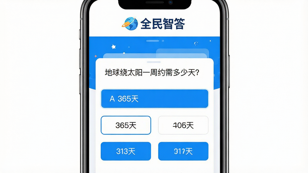 主体:手机屏幕展示全民智答主界面,上方显示“全民智答”logo,中间为一道选择题,下方有四个选项按钮。布局:居中构图,手机屏幕占画面主体,周围留白。排版:界面简洁,字体清晰,按钮排列整齐。风格:现代扁平化,色彩明亮,以蓝色和白色为主色调。细节:屏幕中显示题目“地球绕太阳一周约需多少天?”,选项A“365天”被高亮选中。画质:高清,干净,无多余元素。