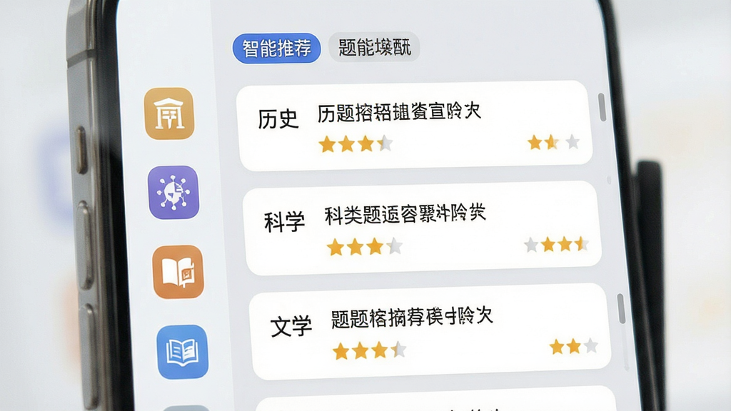 主体:手机屏幕展示全民智答的题库匹配界面,左侧为知识领域分类图标,右侧为推荐题目列表。布局:左右分栏,左侧图标纵向排列,右侧列表滚动显示。排版:列表项包含题目摘要和难度星级。风格:清新简约,背景为浅灰色,卡片圆角。细节:屏幕上方显示“智能推荐”标签,列表中有“历史”“科学”“文学”等分类。画质:高清,干净,无多余元素。
