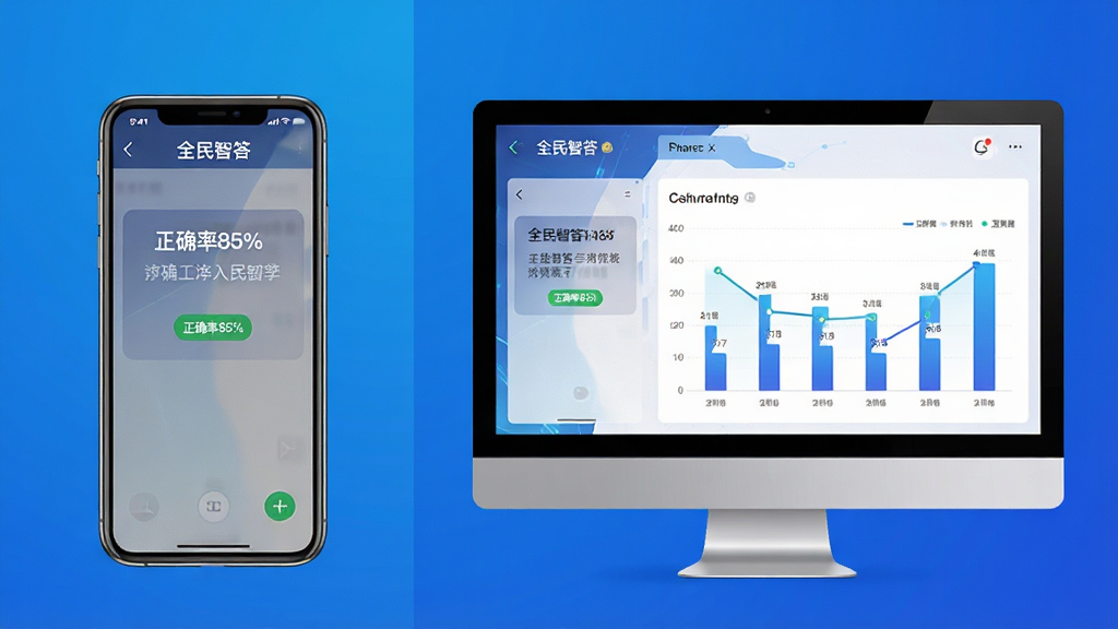 主体:手机和电脑并排展示全民智答界面,左侧手机显示答题页面,右侧电脑模拟器显示同款应用。布局:左右分屏,手机在左,电脑在右。排版:手机屏幕中有一道题目,电脑屏幕显示统计图表。风格:科技感,背景为渐变蓝色。细节:手机屏幕显示“正确率85%”,电脑屏幕显示柱状图。画质:高清,干净,无多余元素。
