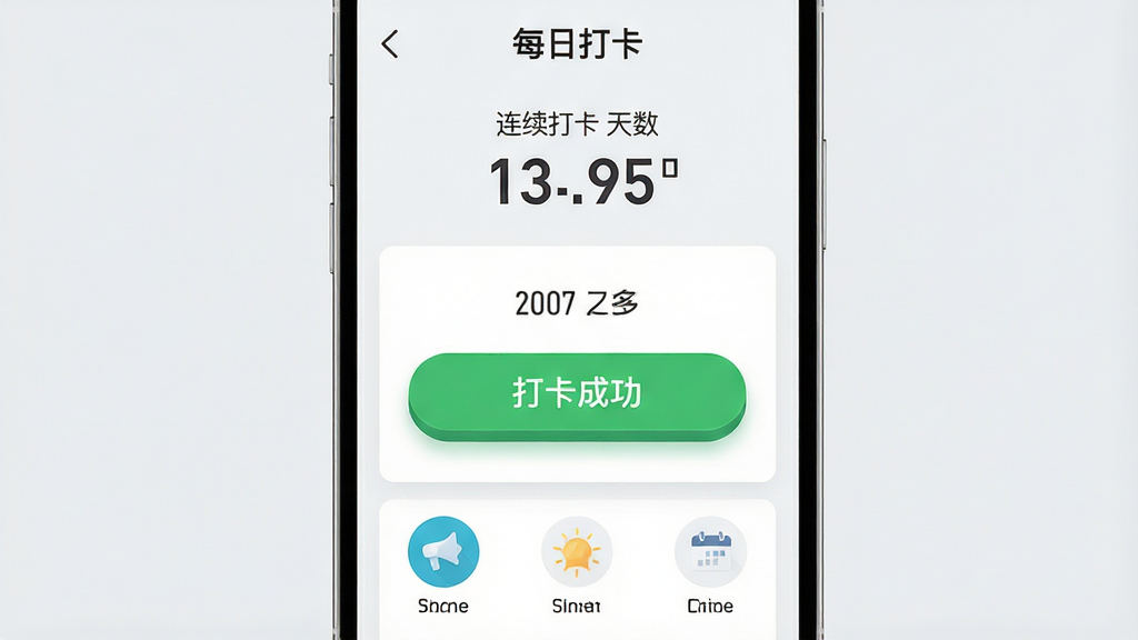 主体:“每日打卡”应用界面展示,手机屏幕中央显示日期和“打卡成功”绿色按钮,上方有连续打卡天数统计数字。布局:手机居中,界面简洁,下方三个功能图标。排版:界面元素对齐整齐,信息层级分明。风格:现代扁平化设计,色彩清新明快。细节:图标精致,打卡按钮有立体按压效果,背景为淡灰色。画质:高清渲染,干净,无多余元素。