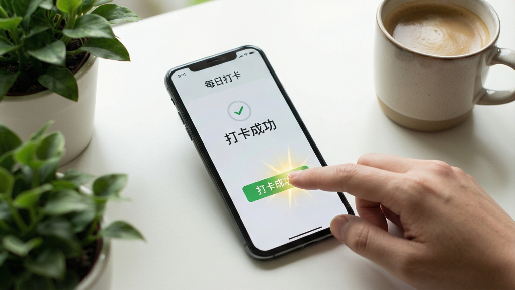 主体:手机平放在桌面上,屏幕显示“每日打卡”主界面,一只手正在点击打卡按钮。布局:手机位于画面中央,周围有绿植和咖啡杯作为点缀。排版:界面内容清晰可见。风格:生活化场景摄影风格,光线柔和。细节:手指点击按钮瞬间有光效,屏幕显示“打卡成功”字样。画质:清晰,干净,无多余元素。