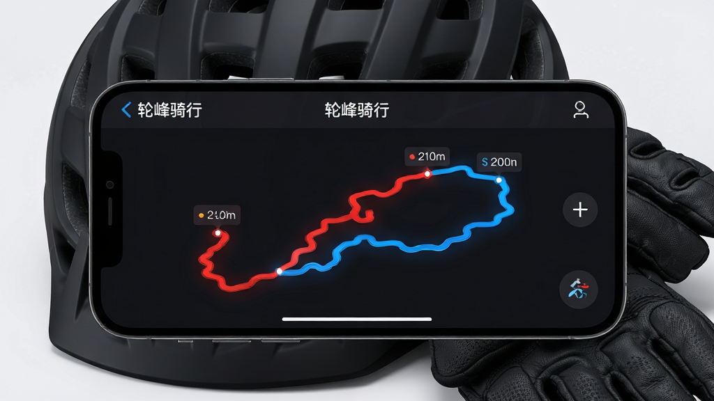 主体:手机横屏显示的“轮峰骑行”App轨迹记录页面特写,屏幕上呈现着曲折的彩色GPS轨迹线。布局:页面居中,背景为深色骑行头盔和手套。排版:App界面占据画面主体,轨迹线条清晰锐利,沿途有里程标记。风格:科技感UI展示风格,深色背景衬托高亮数据。细节:屏幕上方显示“轮峰骑行”字样,轨迹线条以红色和蓝色区分去程与回程。画质:高清渲染,画质干净,无多余元素。