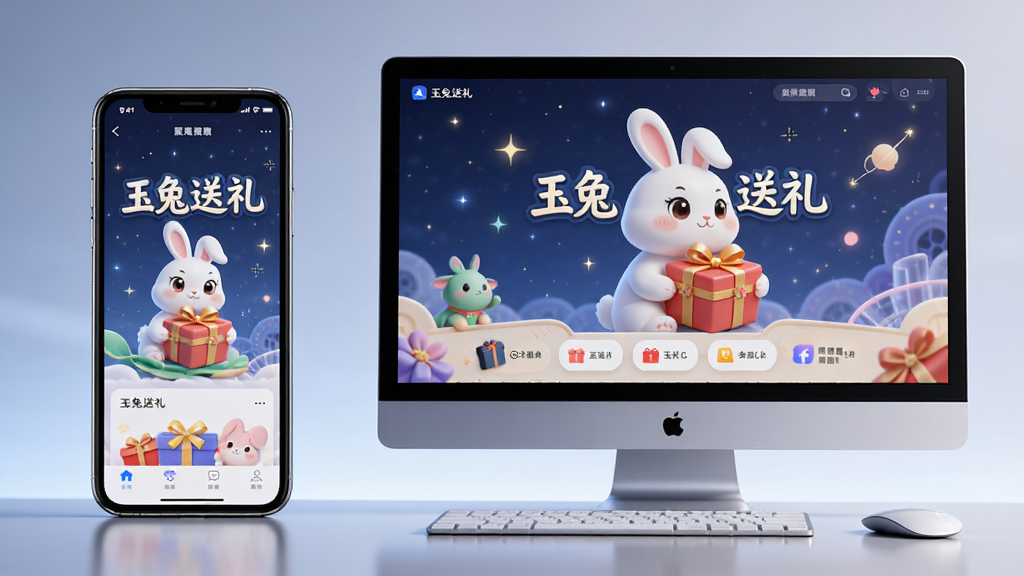 主体:手机和电脑并排显示玉兔送礼应用界面,布局:左侧手机,右侧电脑,排版:对比展示,风格:科技感,细节:屏幕上有“玉兔送礼”字样,画质:高清,干净