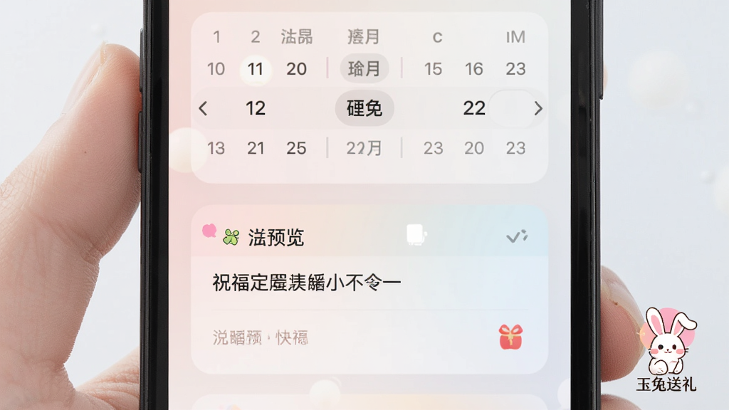 主体:手机屏幕显示定时发送设置界面,布局:上方是日期选择器,下方是祝福预览卡片,排版:简洁直观,风格:柔和色调,细节:有“玉兔送礼”logo水印,画质:清晰,干净