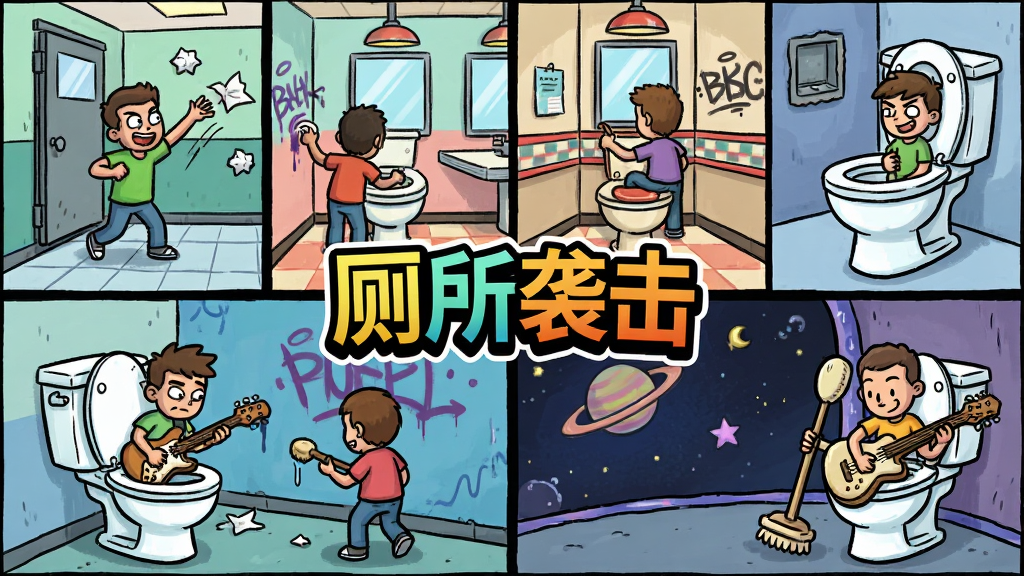 主体:游戏中的多个不同风格的厕所场景拼贴图,包括学校厕所、复古餐厅厕所、太空厕所等。布局:采用四格漫画式布局,每个格子展示一个场景,中央有“厕所袭击”游戏logo。排版:logo置于画面中央,四周均匀分布四个场景小图。风格:手绘卡通风格,色彩明快,线条流畅。细节:每个场景中都有不同的小人正在搞怪,如扔纸团、涂鸦墙壁、用马桶刷当吉他等。画质:高清,干净,无多余元素。