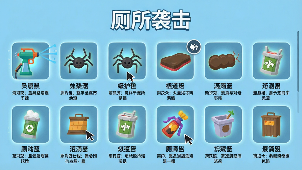 主体:游戏道具界面,展示各种整蛊道具的图标,如喷水器、假蜘蛛、放屁垫等。布局:道具图标以网格形式排列,每个图标下方有名称和简介。排版:背景为浅蓝色,道具图标居中,文字“厕所袭击”作为标题置于顶部。风格:扁平化设计,简洁明快。细节:道具图标带有微光效果,鼠标悬停时有动画。画质:高清,干净,无多余元素。