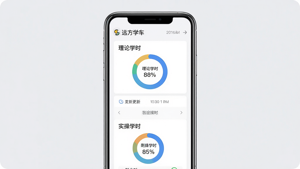 一幅展示“远方学车”学时统计功能的预览图,主体是手机竖屏显示学时数据看板,包含理论学时、实操学时、剩余学时的环形图,布局为卡片式,风格简约商务,细节有数据更新时间和进度百分比,画质高清干净无多余元素,背景为浅灰色