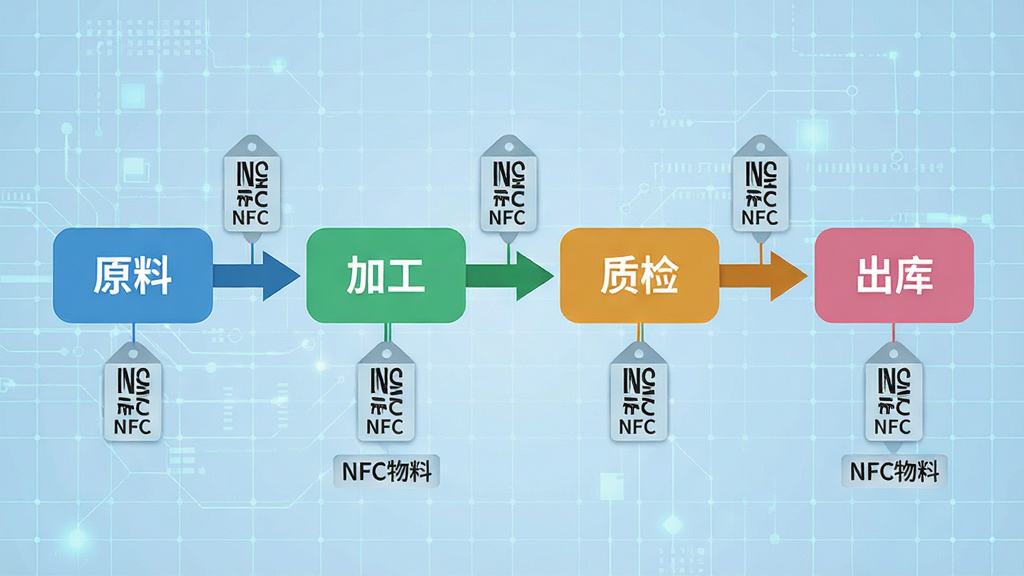 主体:一张物料追溯流程图,从原料到成品,每个节点有NFC标签图标连接;布局:横向流程图居中,背景为淡蓝色科技网格;排版:节点用不同颜色区分,箭头清晰;风格:信息图风格,简洁现代;细节:流程节点标注“原料”“加工”“质检”“出库”,下方显示“NFC物料”字样;画质:高清渲染,干净,无多余元素。