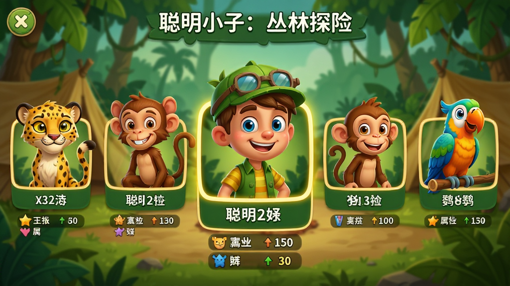 角色选择界面,主体:“聪明小子:丛林探险”中的多个角色立绘,包括聪明小子、小猎豹、小猴子、小鹦鹉等。布局:角色立绘横向排列,当前选中的角色放大居中显示。排版:角色下方显示名称和属性值。风格:卡通渲染,角色表情生动,背景是丛林营地。画质:高清,干净,无多余元素。