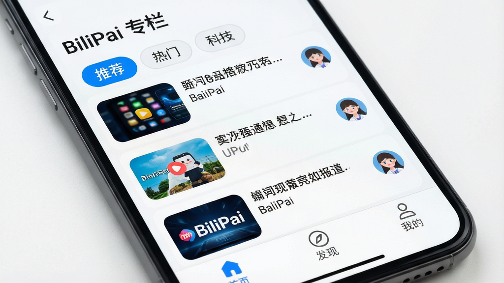 主体:手机屏幕特写,显示“BiliPai 专栏”的专栏聚合界面,界面顶部有“推荐”、“热门”、“科技”等分类标签。布局:界面以列表形式从上到下排列,每行显示文章缩略图、标题和UP主头像。排版:文字清晰,缩略图统一为圆角矩形。风格:清爽的白色背景搭配蓝色高亮标签,整体简洁现代。细节:屏幕底部有导航栏,包含首页、发现、我的等图标。画质:高清,明亮,干净,无多余元素。