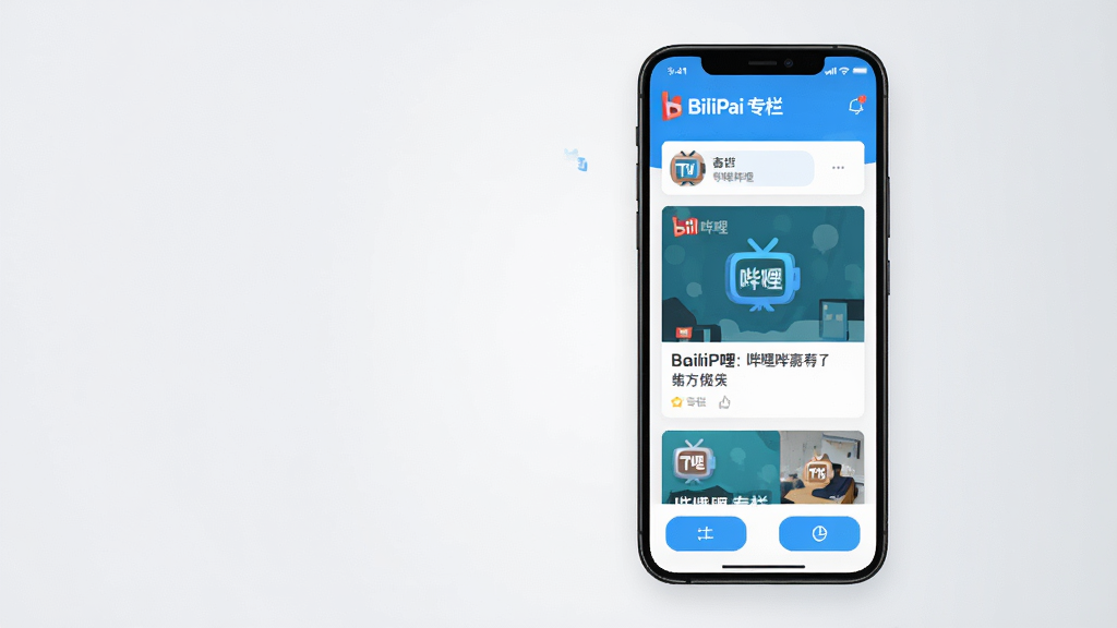 主体:一部亮着屏幕的智能手机,屏幕上清晰显示“BiliPai 专栏”应用界面,界面包含B站风格的蓝色主题和图文列表。布局:手机居中偏右,左侧留白,屏幕内容朝右展示。排版:手机竖屏,主界面展示专栏文章封面图与标题,下方有功能按钮。风格:现代扁平化风格,色彩明亮,背景为浅灰色渐变。细节:屏幕内文章卡片有“哔哩哔哩”小电视标识,整体干净整洁。画质:高清渲染,干净,无多余元素。