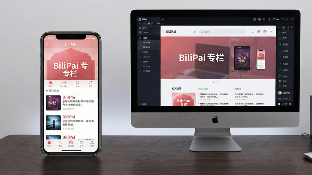 主体:手机与电脑并排摆放,手机屏幕上显示“BiliPai 专栏”应用界面,电脑屏幕上显示模拟器运行该应用的画面。布局:手机在左,电脑在右,两者之间有一定间距。排版:手机屏幕和电脑屏幕均有内容显示,文字清晰。风格:科技感桌面环境,背景为深色木纹桌。细节:手机屏幕显示专栏文章列表,电脑屏幕显示应用主页。画质:高清,光线均匀,干净,无多余元素。
