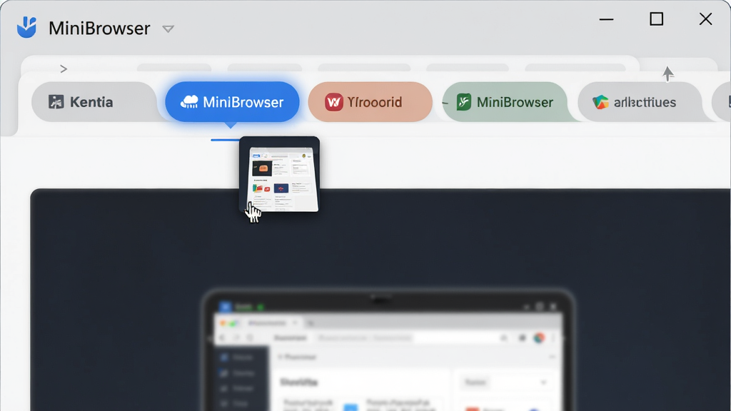 主体:MiniBrowser浏览器多标签页界面,一排标签页整齐排列,其中一个标签页高亮显示,旁边有缩略预览。布局:浏览器窗口占满屏幕,标签栏位于顶部,下方为网页内容区。排版:标签页圆角矩形设计,高亮标签页有下划线指示,缩略图悬浮显示。风格:简洁商务风格,背景为浅灰色。细节:标签页颜色区分不同网站,鼠标悬停时有阴影效果。画质:高清,干净,无多余元素。