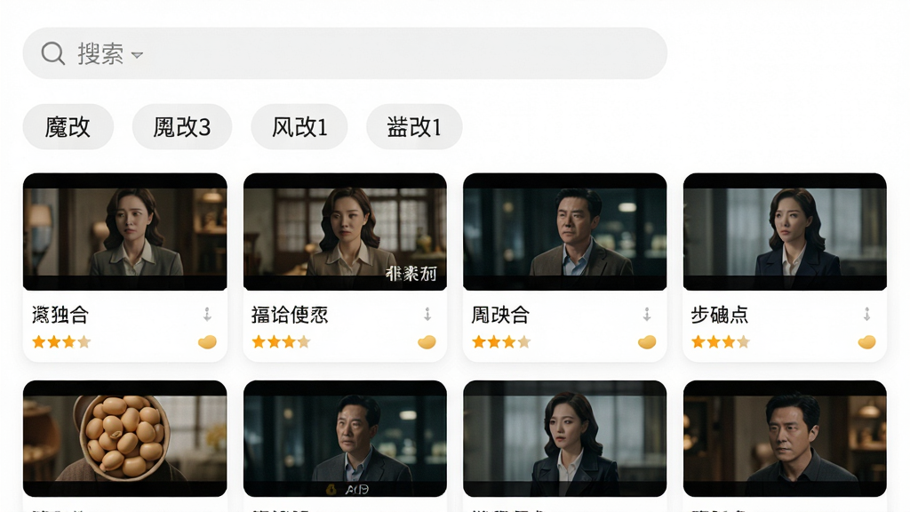主体:黄豆魔改APP的短剧聚合界面,屏幕上展示多个分类标签和剧集缩略图,布局:网格布局,多个剧集卡片排列整齐,排版:顶部有搜索栏,下方为分类标签和内容瀑布流,风格:简洁现代,细节:每个卡片都有剧名和评分,画质:高清,干净,无多余元素