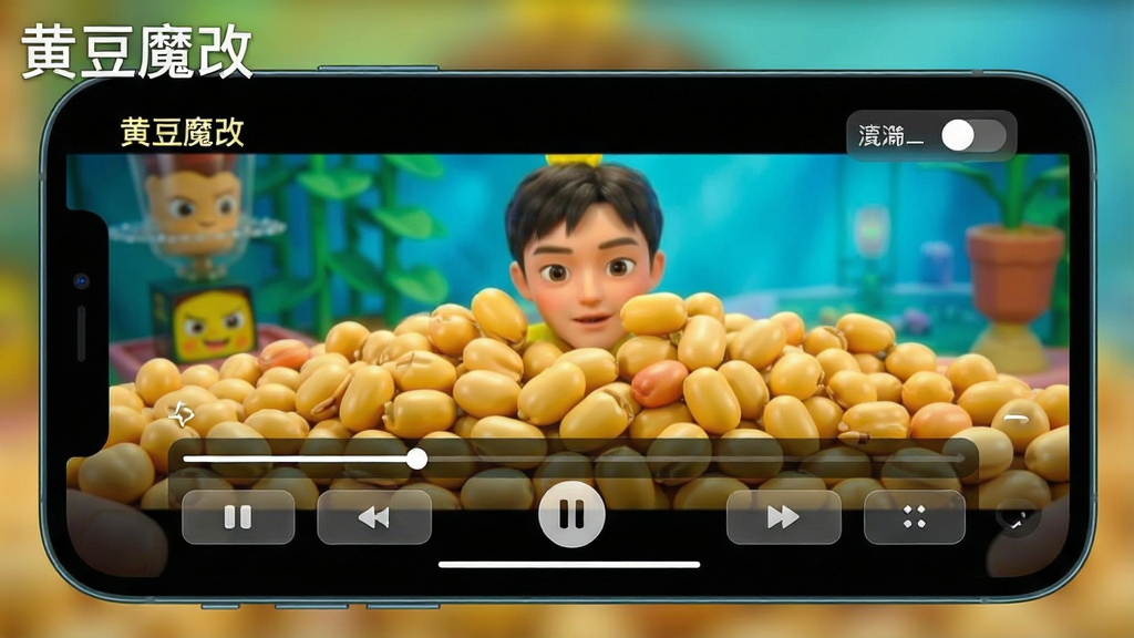 主体:黄豆魔改APP的播放界面,手机横屏播放短剧,画面清晰,布局:播放器居中,下方有进度条和功能按钮,排版:左上角显示“黄豆魔改”水印,右上角有清晰度切换选项,风格:沉浸式观影,细节:画面色彩鲜艳,按钮半透明,画质:超清,干净,无多余元素