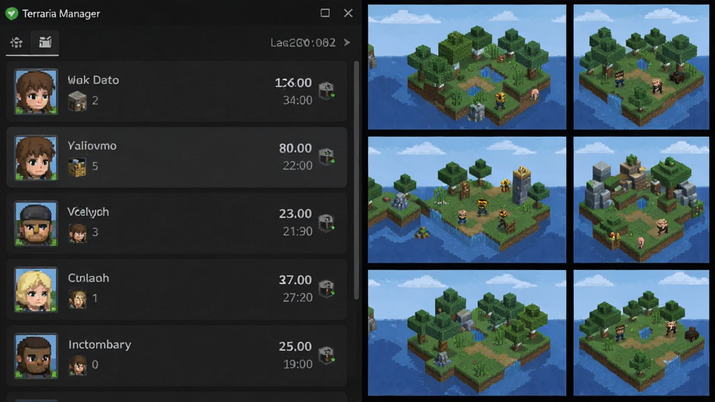 横版构图,画面左侧是Terraria Manager应用界面,右侧是多个并排的游戏世界缩略图。界面采用深色主题,列表项包含世界名称、角色头像和最后游玩时间。布局清晰,信息层级分明,排版规整。风格为扁平化UI设计结合轻微像素风点缀,细节包括每个存档不同的地形预览。画质锐利,干净整洁,无多余元素。