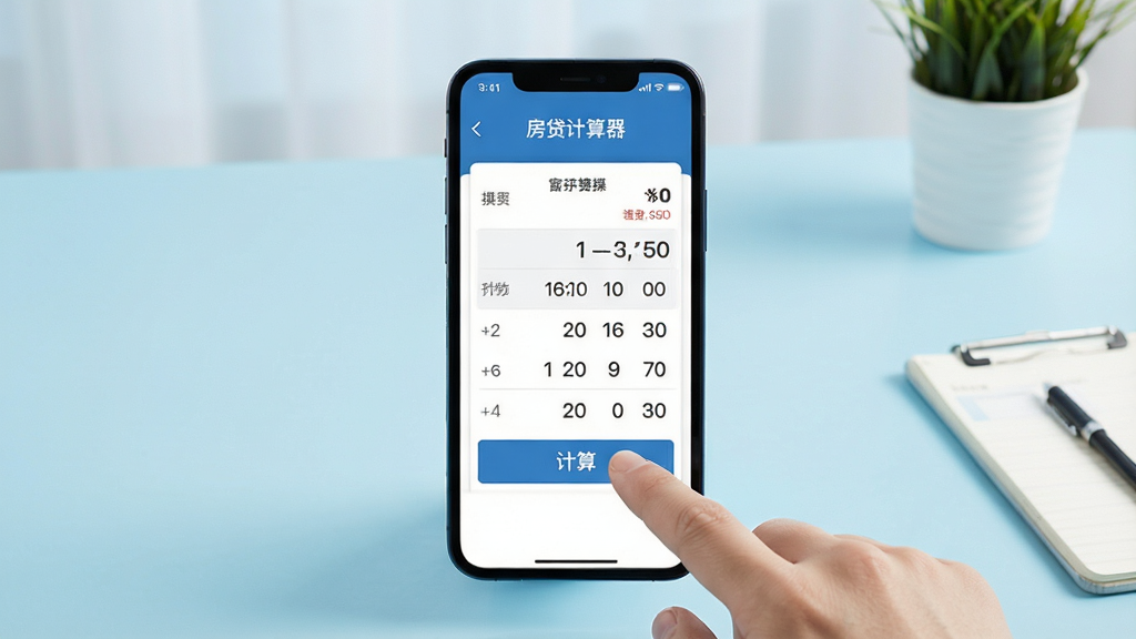 房贷计算器手机端操作演示,手机屏幕显示计算界面,手指点击“计算”按钮,背景为浅蓝色,桌面整洁,画质高清,干净无多余元素