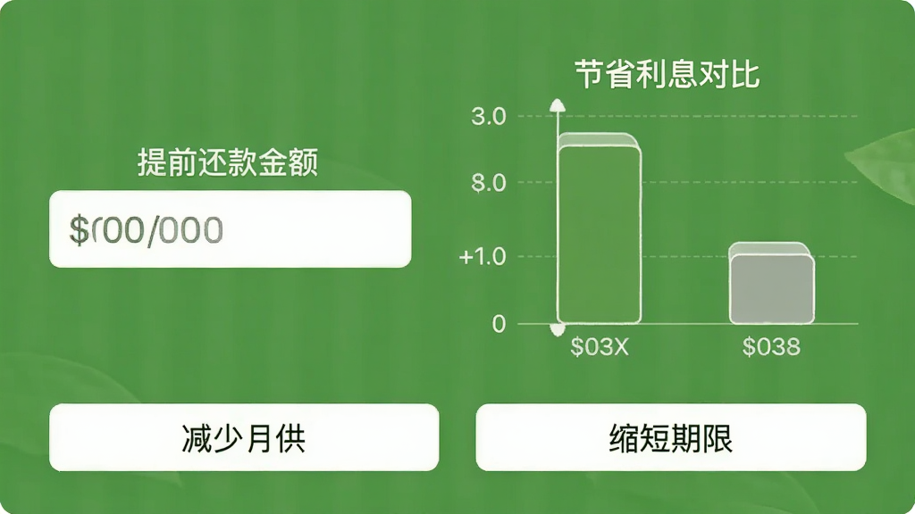 房贷计算器提前还款功能预览,绿色背景,左侧有“提前还款金额”输入框,右侧显示节省利息对比条形图,下方有“减少月供”和“缩短期限”两个按钮,整体风格清新自然,画质干净无多余元素