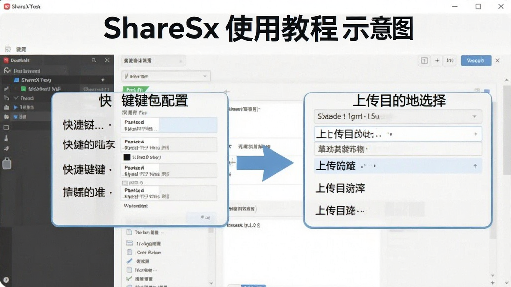 ShareX 使用教程示意图,展示软件设置界面,突出快捷键配置、上传目的地选择等关键步骤,画面清晰,文字标注明确,风格简洁,画质高清,无多余元素。
