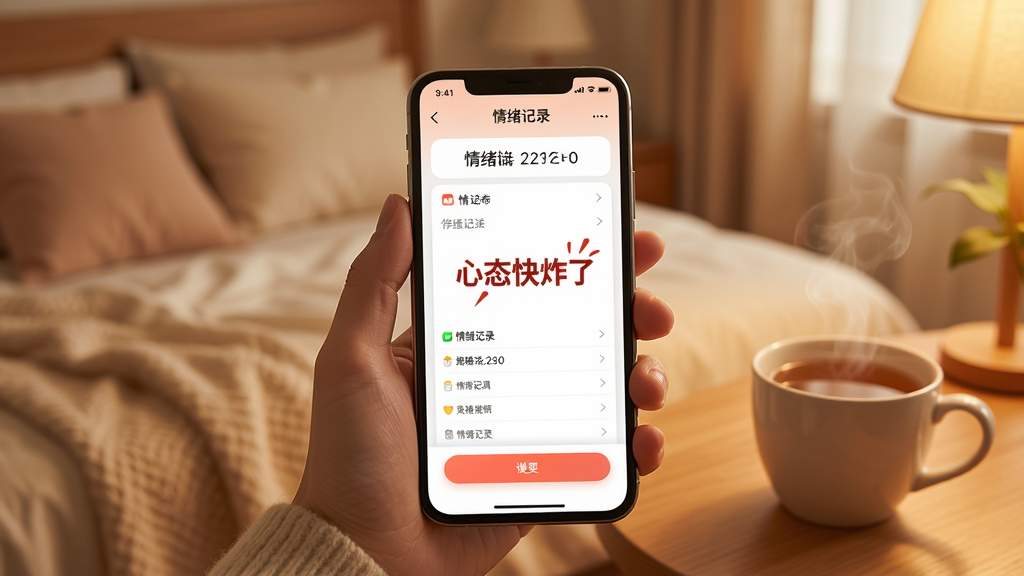 一张「心态快炸了」APP的使用场景图,画面中一只手持手机,屏幕显示情绪记录界面,背景是温馨的卧室,旁边有一杯热茶,整体风格温暖治愈,光线柔和,构图平衡,细节丰富,画质干净,无多余元素。
