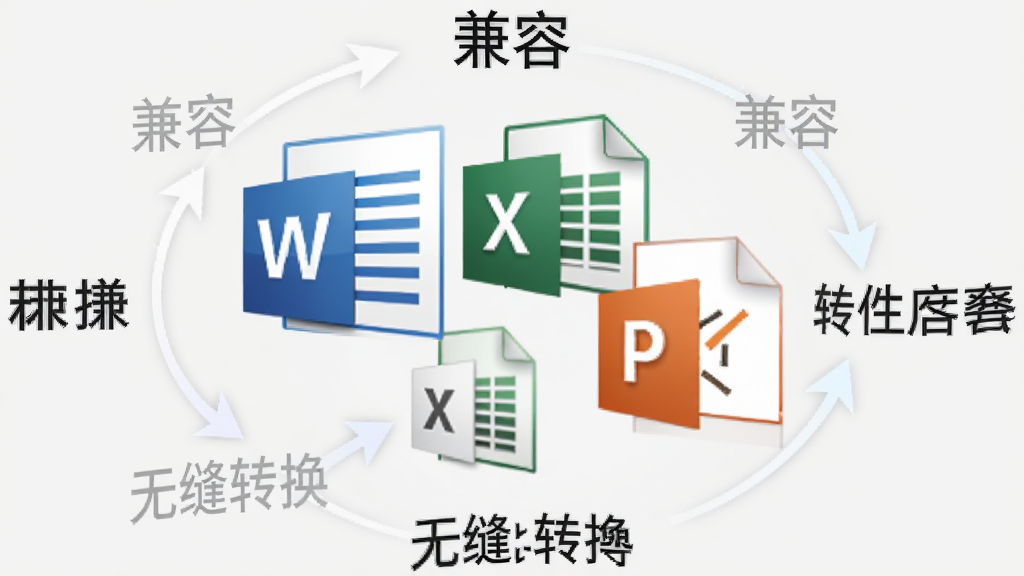 永中Office兼容多种文档格式的示意图,画面中央显示多个文件图标(如Word、Excel、PPT),周围环绕着“兼容”、“无缝转换”等字样,背景为浅灰色,画质清晰,布局简洁。