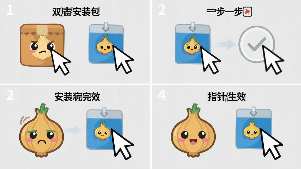 主体:可爱卡通洋葱头鼠标指针安装步骤示意图。布局:四宫格,分别展示双击安装包、点击下一步、安装完成、指针生效四个步骤。排版:每格配简短文字说明。风格:扁平化插画风,背景浅灰。细节:每个步骤的洋葱头表情不同,安装包图标清晰。画质:高清,干净,无多余元素。