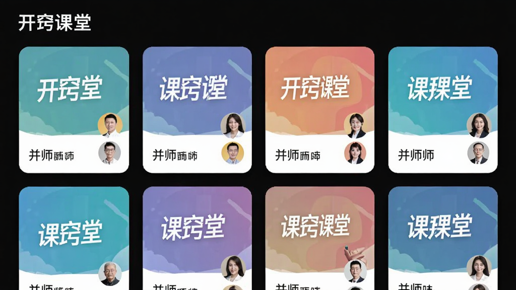 չʾ���Ͽ���APP�γ̷���ҳ�棬��Ļ�����������Ŷ���γ̷�������ͼ��ÿ���������пγ����ƺͽ�ʦͷ�񣬽�����ÿ�Ƭʽ���֣�ɫ�ʷḻ��ͳһЭ�������Ͻ��С����Ͽ��á����ֱ�ʶ���������ִ�ʱ�У������������ɾ��޶���Ԫ��
