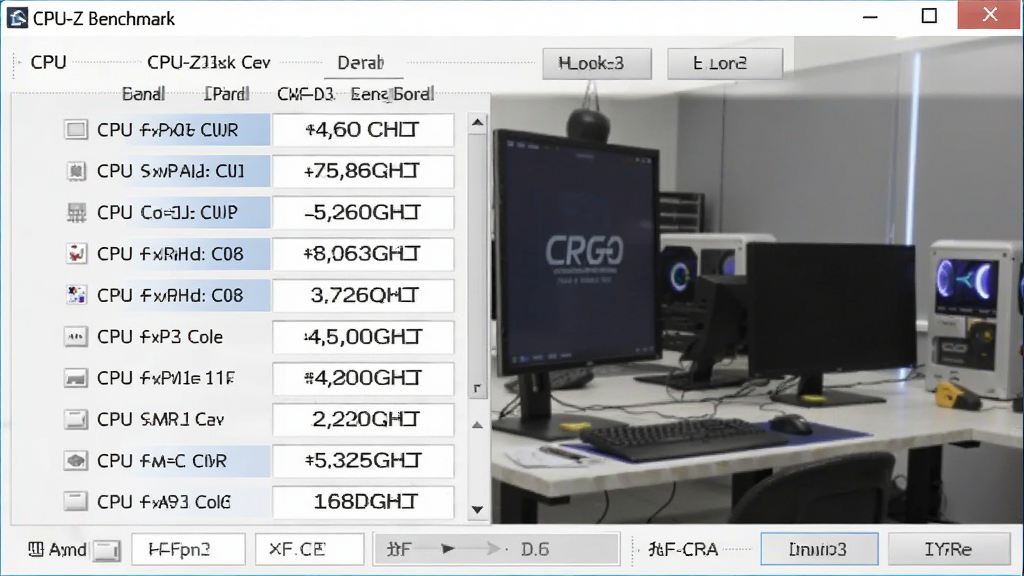 CPU-Z的Benchmark页面截图,显示单核和多核得分,左侧有CPU型号列表对比,整体界面为浅色主题,数字清晰,背景为专业评测室环境,画质高清,干净无多余元素
