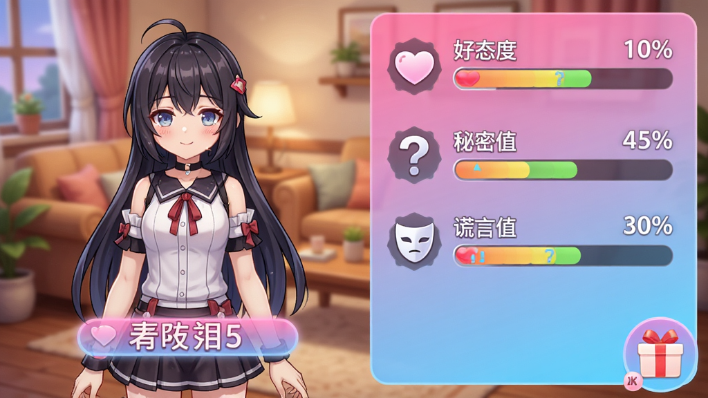主体:游戏角色养成界面,左侧是角色全身立绘,右侧是数据面板,显示好感度、秘密值、谎言值等进度条。布局:左右分栏,角色占左侧60%,数据面板占右侧40%,背景为温馨的客厅场景。排版:数据条以爱心、问号、面具等图标装饰,角色名字带光晕效果。风格:二次元恋爱游戏UI风格,粉蓝渐变主色调。细节:角色表情随数值变化而微调,右下角有礼物图标。画质:2K高清,干净,无多余元素。