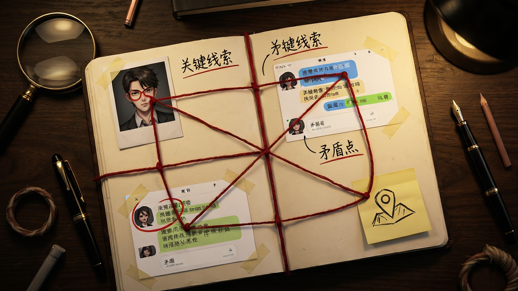 主体:游戏内推理笔记界面,一本打开的笔记本上贴着角色照片、聊天截图、地点便签,用红色线绳连接关系。布局:笔记本占据画面中心,周围散落放大镜、钢笔等道具,背景为深色木质书桌。排版:笔记页面有手写字体标注