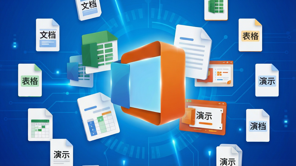 主体:Corel Office 办公套件的创意展示,画面中央悬浮着软件图标与文档、表格、幻灯片等元素。布局:图标居中,四周环绕各类办公文件缩略图,背景为渐蓝色科技感光效。排版:元素错落有致,层次分明,图标最大,文件缩略图呈环形分布。风格:现代扁平化结合轻微3D渲染,色彩明亮,强调专业与高效。细节:每个文件缩略图上显示“文档”“表格”“演示”等字样,图标带有微光反射。画质:8K超清,细节丰富,干净背景,无多余元素。