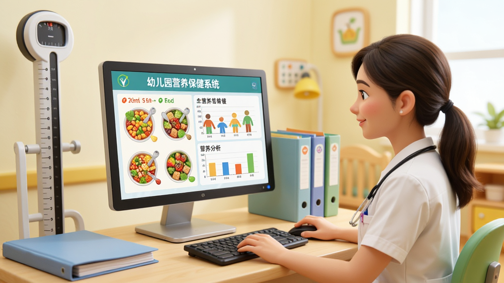 在明亮的幼儿园保健室内,一位保健医正在电脑前使用“幼儿园营养保健系统”软件,屏幕上显示彩色带量食谱与营养分析图表,旁边摆放着身高体重测量仪与健康档案册,整体画面温馨专业,卡通风格与写实结合,画质干净清晰,无多余元素
