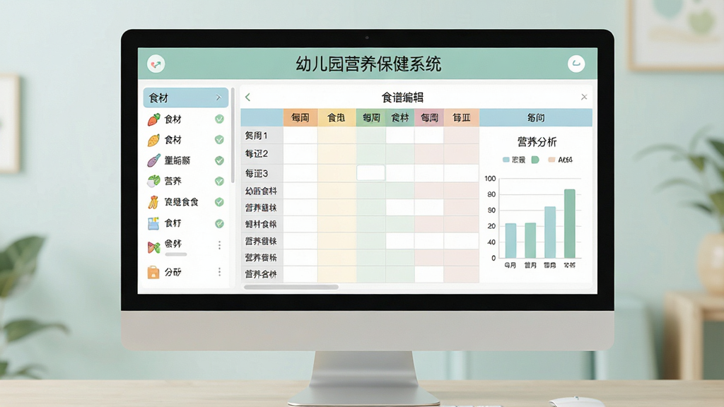 电脑屏幕显示“幼儿园营养保健系统”的带量食谱编辑界面,左侧是食材列表,右侧是每周食谱表格,带有营养分析柱状图,整体界面简洁清爽,扁平化设计,色彩柔和,高分辨率,无多余元素