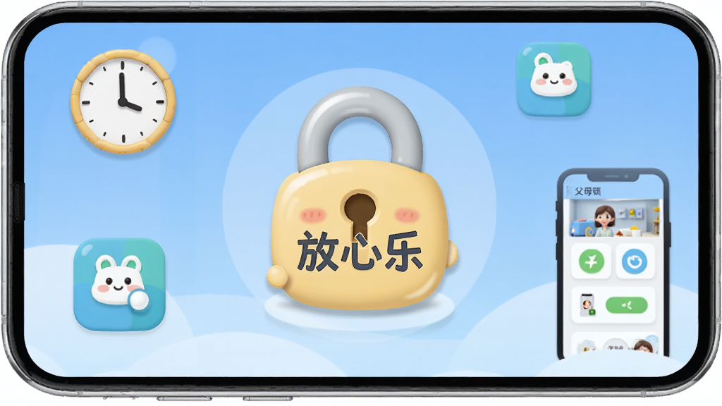 图片展示放心乐儿童锁的软件主界面,界面简洁,背景为温馨的蓝色渐变,中央有一个可爱的卡通锁图标,锁上带有“放心乐”字样,四周环绕着时钟、应用图标和父母手机控制面板的图形,整体风格卡通化,细节清晰,画质干净,无多余元素