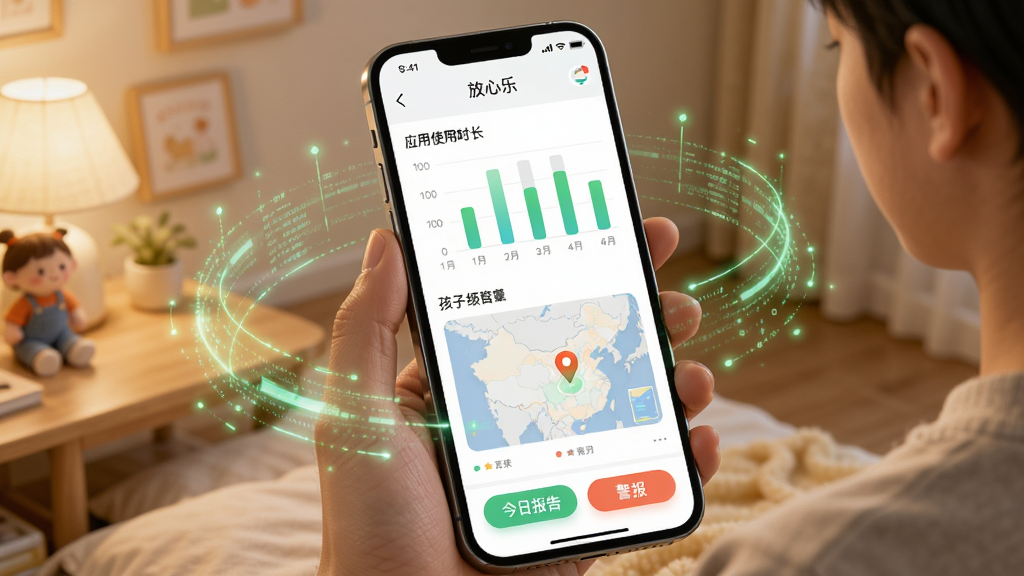 图片展示家长手机上的放心乐儿童锁小程序报告页面,包含柱状图展示应用使用时长,地图显示孩子位置,底部有“今日报告”与“警报”按钮,手机周围有淡淡的绿色数据流动效果,整体科技感与温馨感并存,画质高清,干净整洁