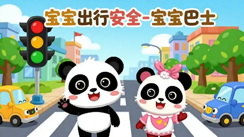画面以明亮卡通风格呈现,主角熊猫奇奇和妙妙站在色彩斑斓的儿童城市街道斑马线前,红绿灯清晰可见,周围有可爱的小汽车和树木,画面中央上方用圆润可爱的字体写着“宝宝出行安全-宝宝巴士”,整体构图简洁干净,色彩饱满,画质清晰,无多余元素,适合儿童教育应用宣传图。