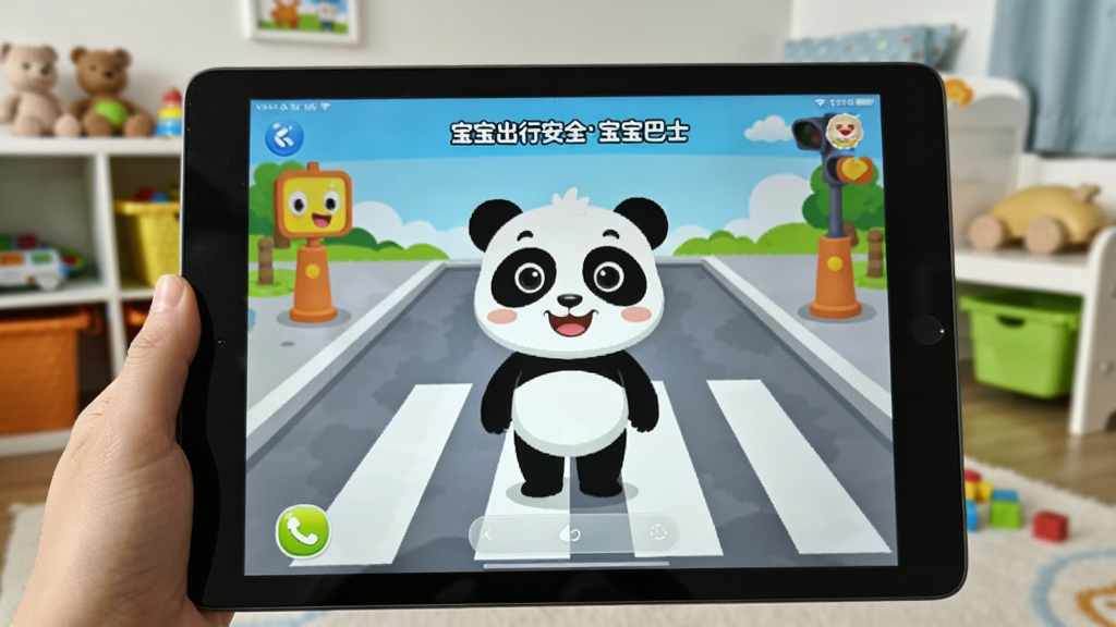 一张展示应用在平板电脑上运行的实拍图,屏幕中显示卡通熊猫在斑马线前驻足,界面清晰,色彩鲜艳,背景为儿童房,画面干净,突出“宝宝出行安全-宝宝巴士”的应用界面,画质细腻,无多余元素。
