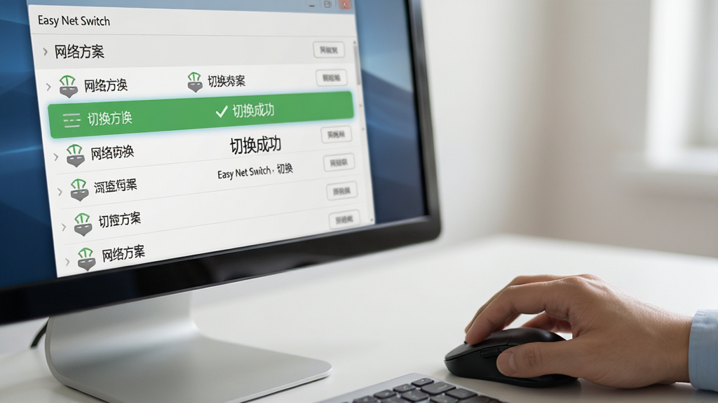 主体:计算机屏幕前一只手正在点击鼠标,屏幕上显示Easy Net Switch切换动画;布局:手部特写位于画面右侧,屏幕占据左侧主要位置;排版:屏幕中显示网络方案列表和“切换成功”提示;风格:写实风格,光线柔和;细节:屏幕中列表项高亮显示,网络图标由灰色变为绿色;画质:高清,干净,无多余元素