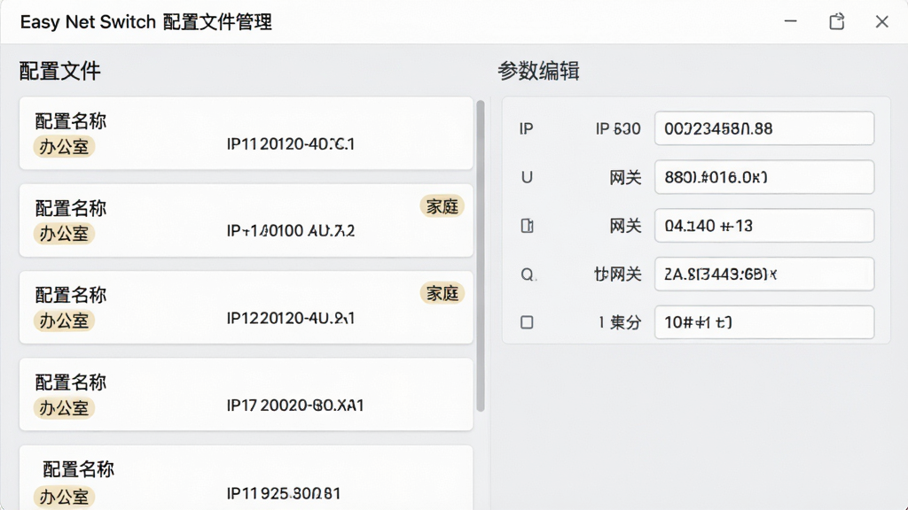 主体:Easy Net Switch配置文件管理界面;布局:界面左侧为配置文件列表,右侧为参数编辑区域;排版:列表采用卡片式布局,每个卡片显示配置名称和IP信息;风格:简洁商务风格,浅灰背景;细节:卡片上有“办公室”、“家庭”标签,右侧包含IP地址、网关等输入框;画质:清晰,干净,无多余元素