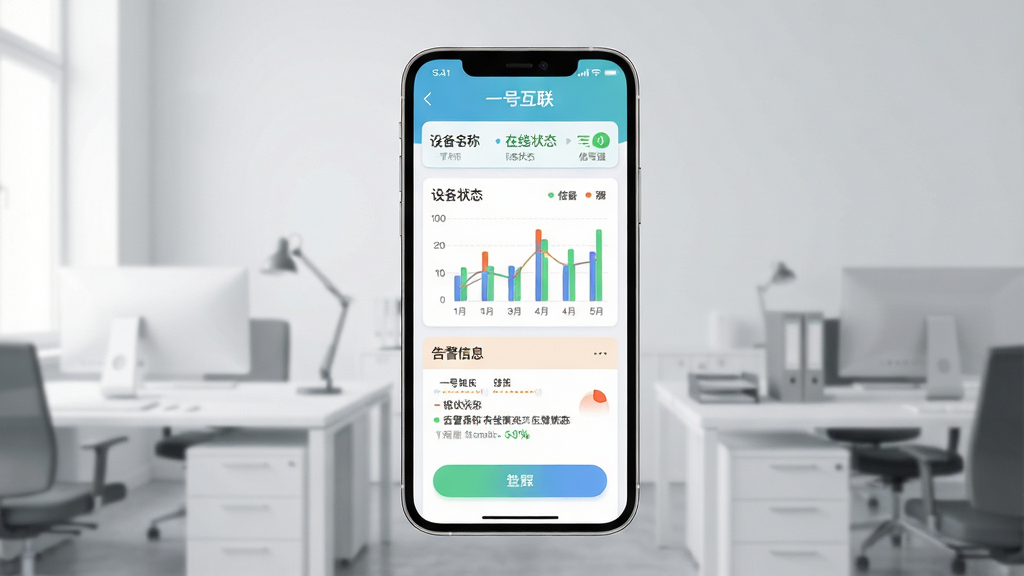 ���壺�ֻ���Ļչʾ��һ�Ż������豸�������棬�����豸״̬ͼ���͸澯��Ϣ�����֣��ֻ����У�����Ϊǳ��ɫ�칫�������Ű棺������ʾ�豸���ơ�����״̬���ź�ǿ��ͼ�ꡣ��񣺱�ƽ��UI��ƣ�ɫ�����¡�ϸ�ڣ�ͼ��������������ťԲ�󡣻��ʣ����壬�ɾ����޶���Ԫ�ء�