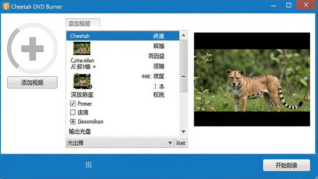 一张展示 Cheetah DVD Burner 进行视频刻录过程的界面截图,界面中显示视频文件列表和输出光盘类型选择,左侧有“添加视频”按钮,右侧预览窗口显示视频缩略图,底部有“开始刻录”按钮,整体色调为蓝白搭配,软件名称“Cheetah DVD Burner”出现在窗口标题栏,画质清晰,排版整齐,无多余元素