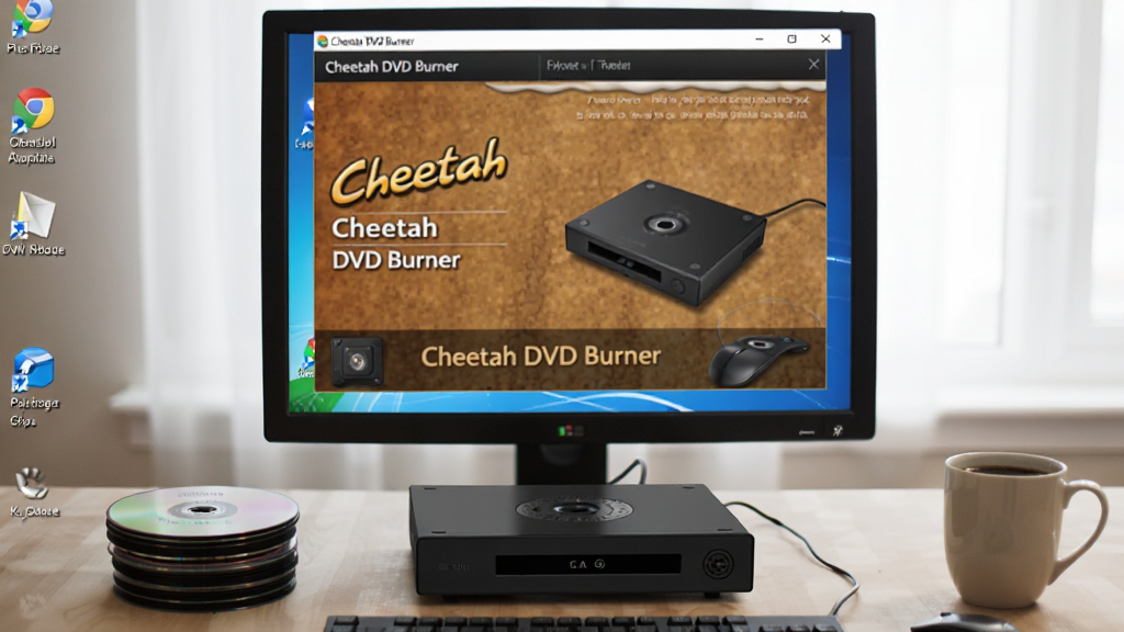 一张展示 Cheetah DVD Burner 在 Windows 桌面上运行的实拍照片,电脑屏幕显示软件主界面,桌面上放置着一叠光盘和一台外置光驱,旁边有咖啡杯,整体环境为办公桌,光线明亮,画面清晰,软件名称“Cheetah DVD Burner”在屏幕窗口中可见,风格写实,无多余元素